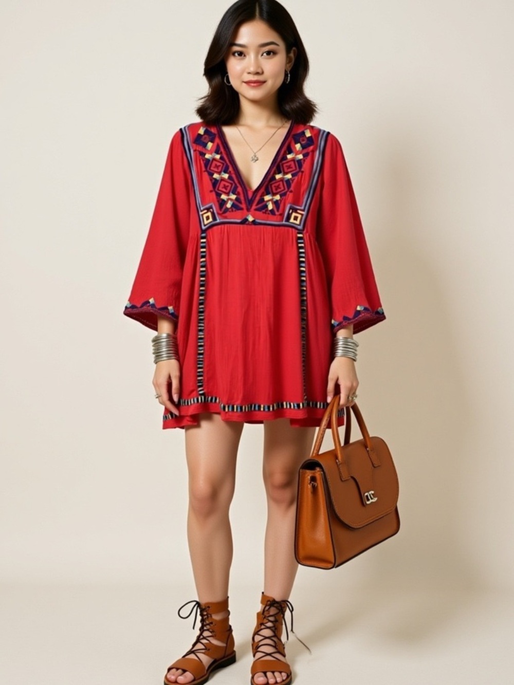 Hayden Artisan Embroidered Tunic Dress L Red Modern Boho EUC